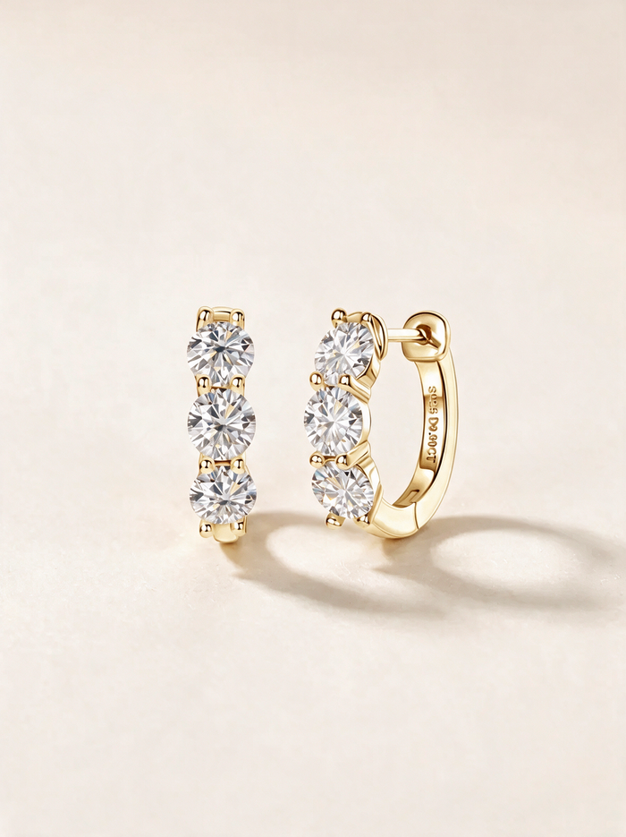 Triple Moissanite Stone Hoop Earrings – 0.9ct each