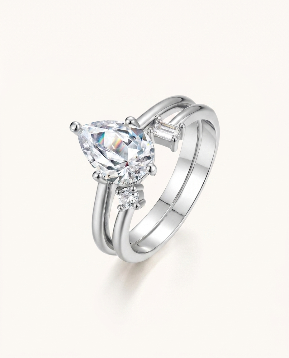 Pear-Cut Moissanite Double Band Stacking Set – 2ct