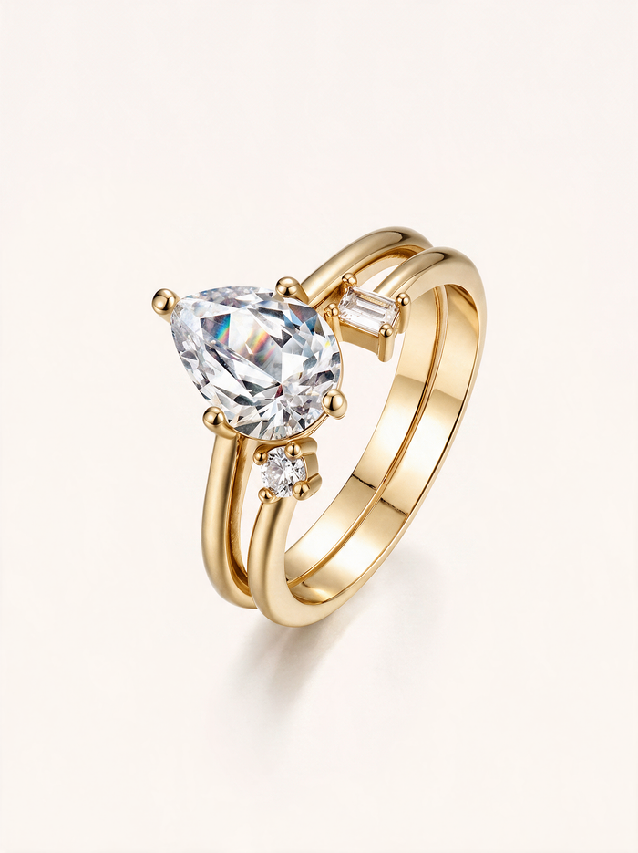 Pear-Cut Moissanite Double Band Stacking Set – 2ct