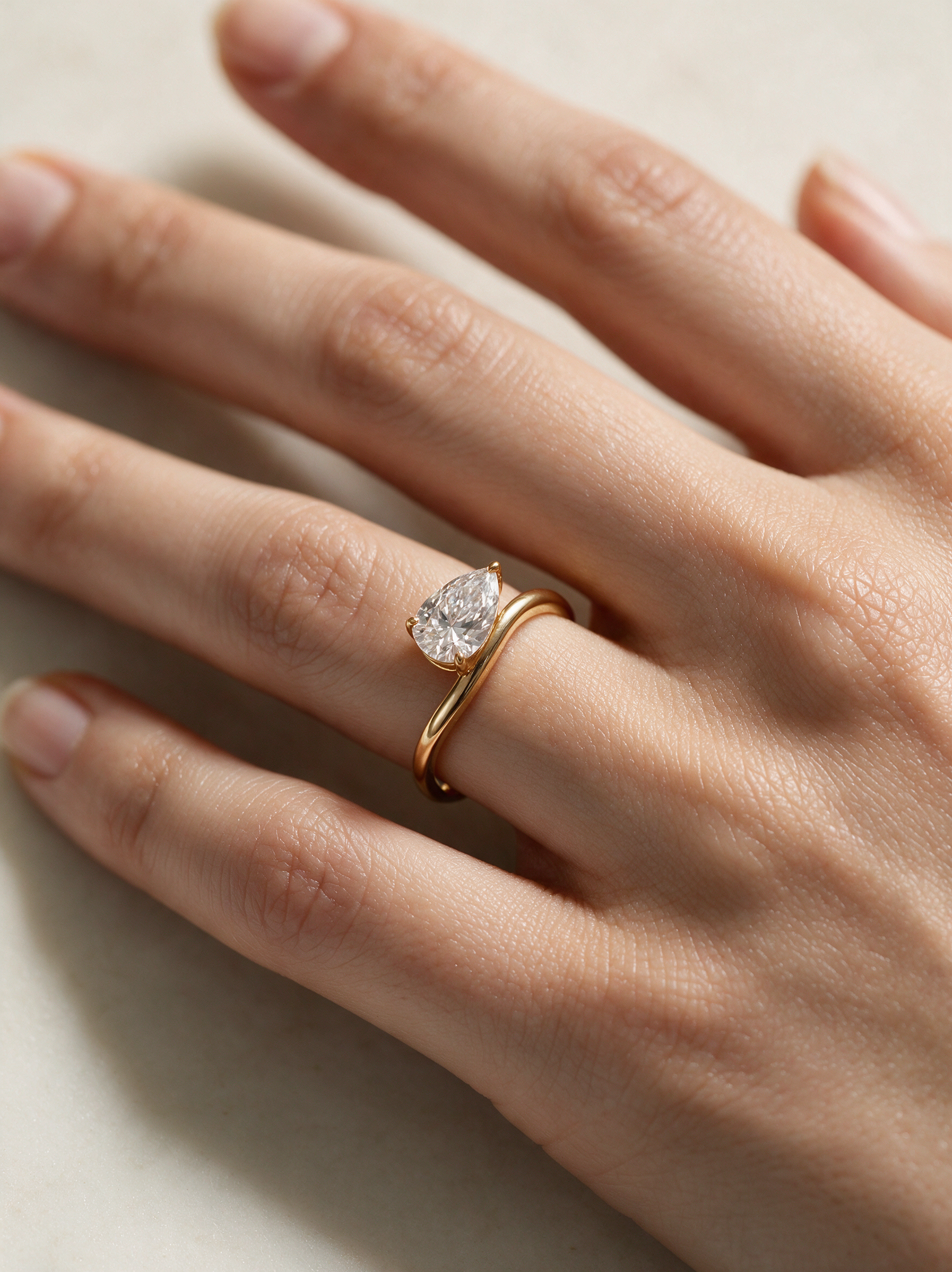 Pear-Cut Moissanite Solitaire Ring with Wave Band – 1.5ct