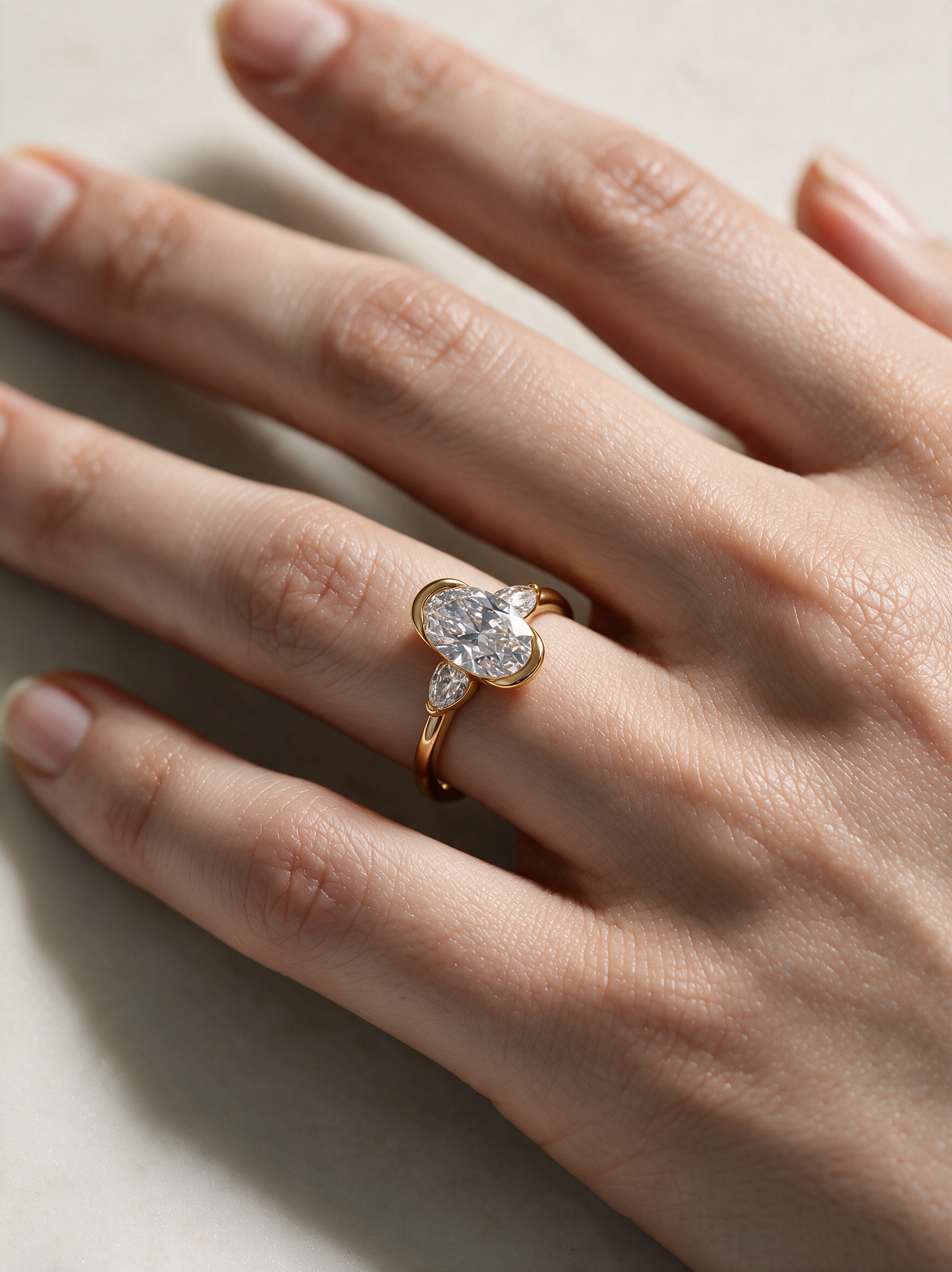Oval Three-Stone Moissanite Ring with Pear Side Stones – 2.5ct