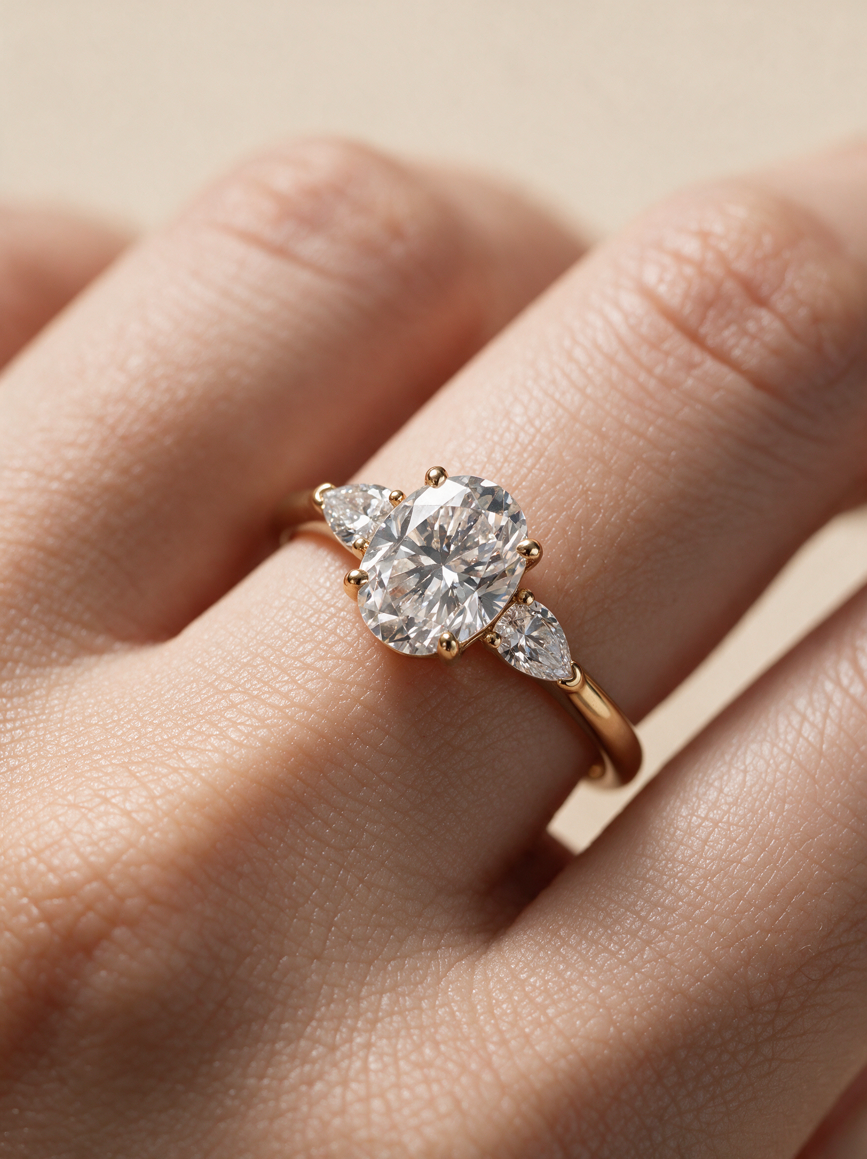 Oval Three-Stone Moissanite Ring with Pear Side Stones – 1.5ct