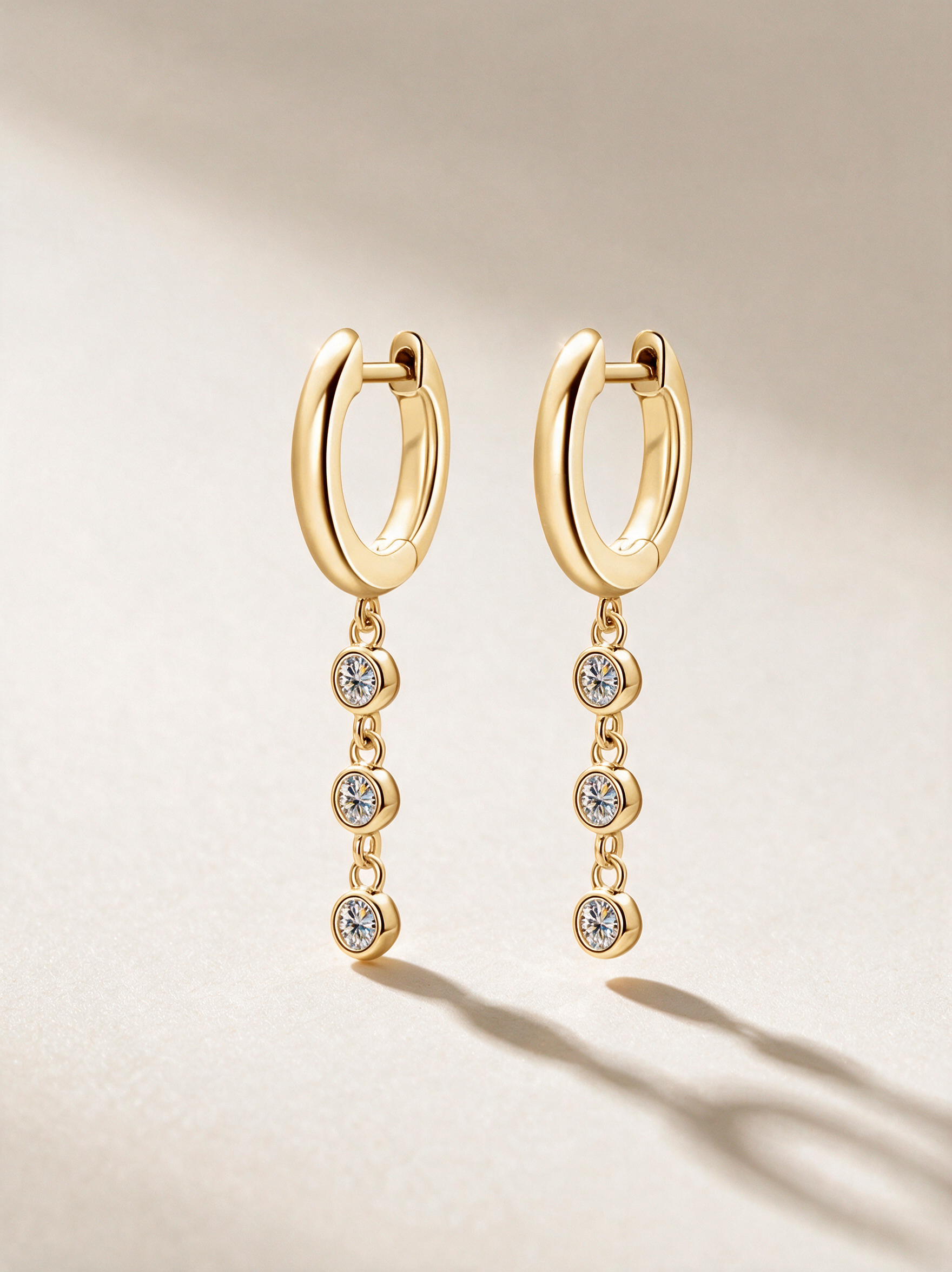 Triple-Stone Moissanite Drop Hoop Earrings – 0.18ct each