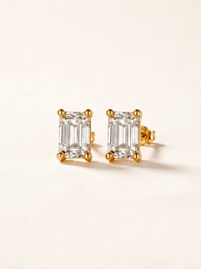 Emerald-Cut Moissanite Four-Prong Stud Earrings