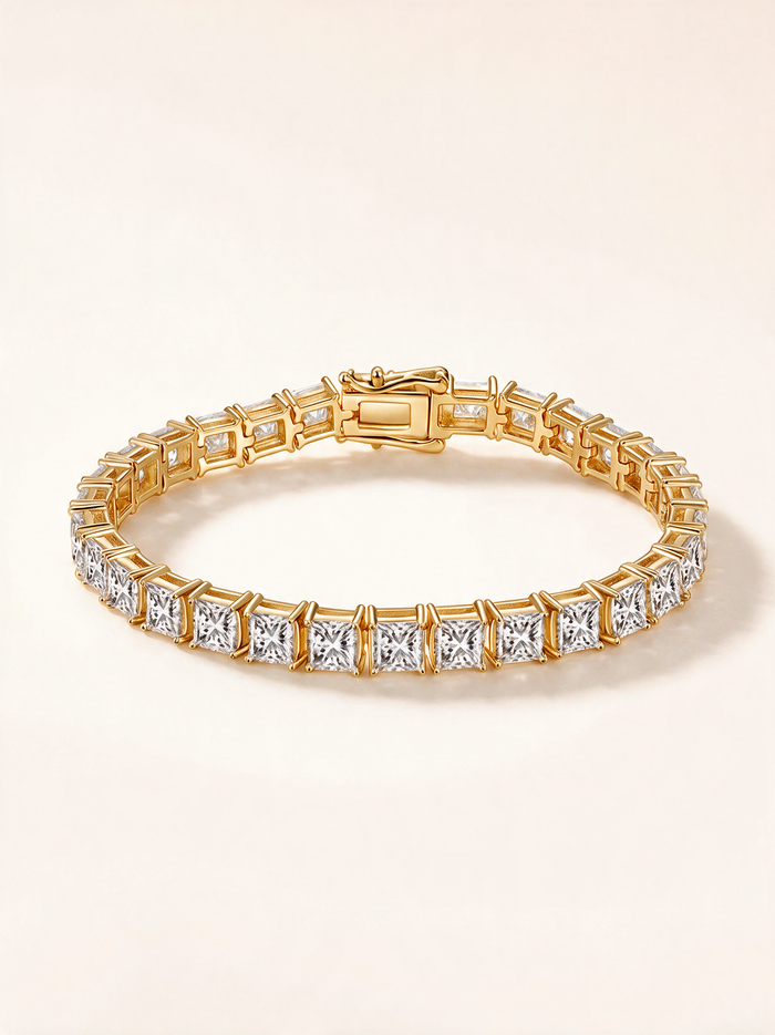 Princess-Cut Moissanite Square-Link Tennis Bracelet – 14K Gold Vermeil